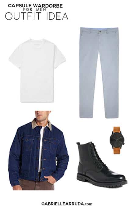men's capsule wardrobe outfit idea with barn jacket, white tee, gray chinos, lace up leather boots, and leather band watch