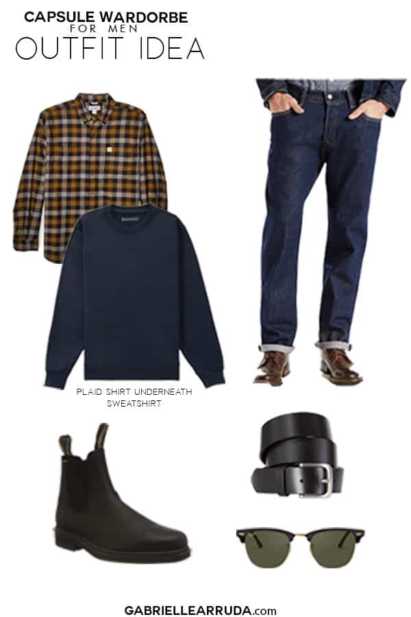 men's capsule wardrobe outfit idea using straight leg dark wash jeans, navy sweatshirt layerd over plaid shirt with blunderstone boots, black belt, and sunglasses