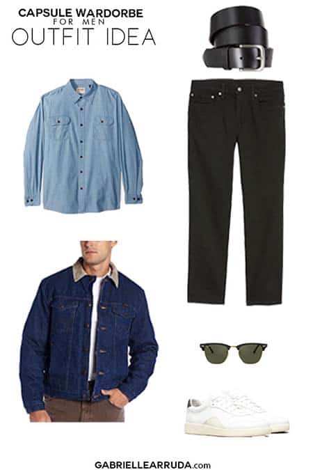 men's capsule wardrobe outfit idea with black slim jeans and denim chambray shirt and denim barn jacket. classic sneakers sunglasses and black belt