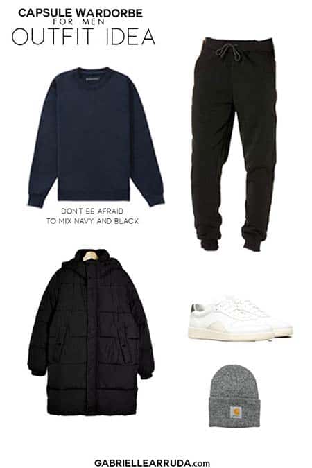 men's capsule wardrobe outfit idea with parka, joggers, navy sweatshirt crew neck, classic white sneakers, and gray heather beanine