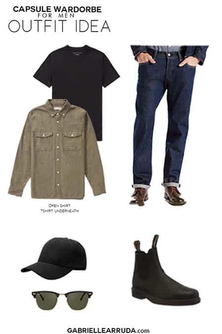 men's capsule wardrobe outfit idea with straight leg levis, brushed army green flannel with black tee underneath, blunderstone boots, black baseball hat, and sunglasses