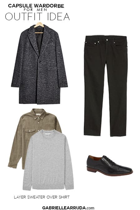 men's capsule wardrobe outfit idea with charcoal gray wool coat, slim black jeans, black oxforads, solid shirt with gray sweater layered over