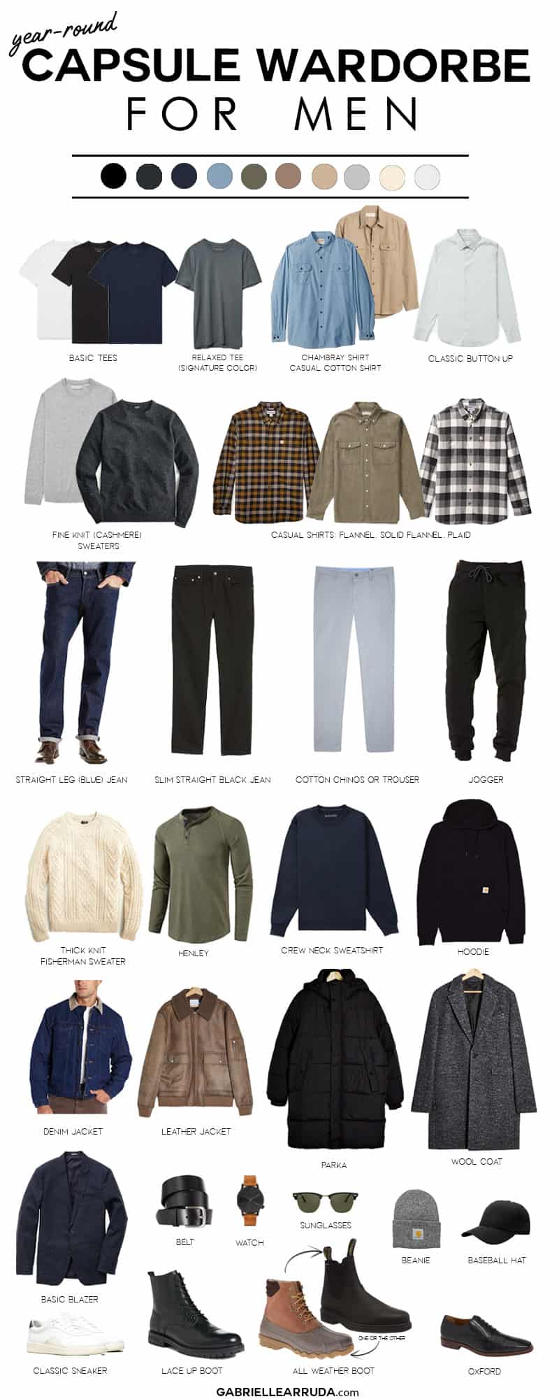 year round men's capsule wardrobe with color palette and men's essential wardrobe staples