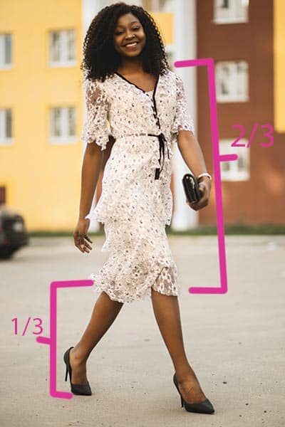 how to dress using the golden ratio, woman in dress that hits just above her knee composing of 2/3rds of her body, bare legs below coming 1/3rd