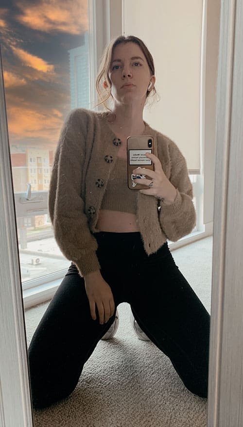 style blogger gabrielle arruda in matching fuzzy knit cardigan and tank, spring fashion trends 2021, eyelash knit, and flare leggings