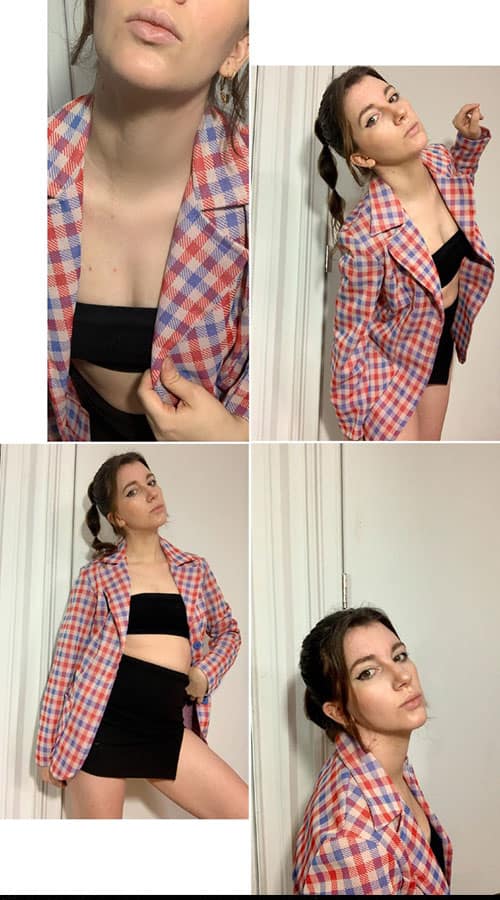 spring fashion trends 2021, style blogger gabrielle arruda in vintage gingham blazer with black mini skirt and black bandeau top and bubble ponytail