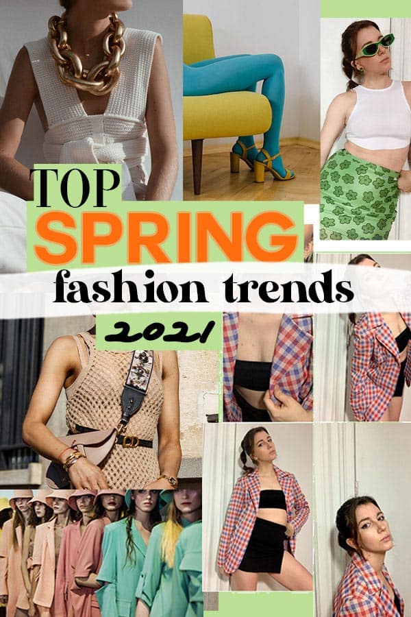 top spring fashion trends 2021: elevated crochet, retro prints, colorful tights, green color trend, netted dresses, gingham pint, pastel color tones