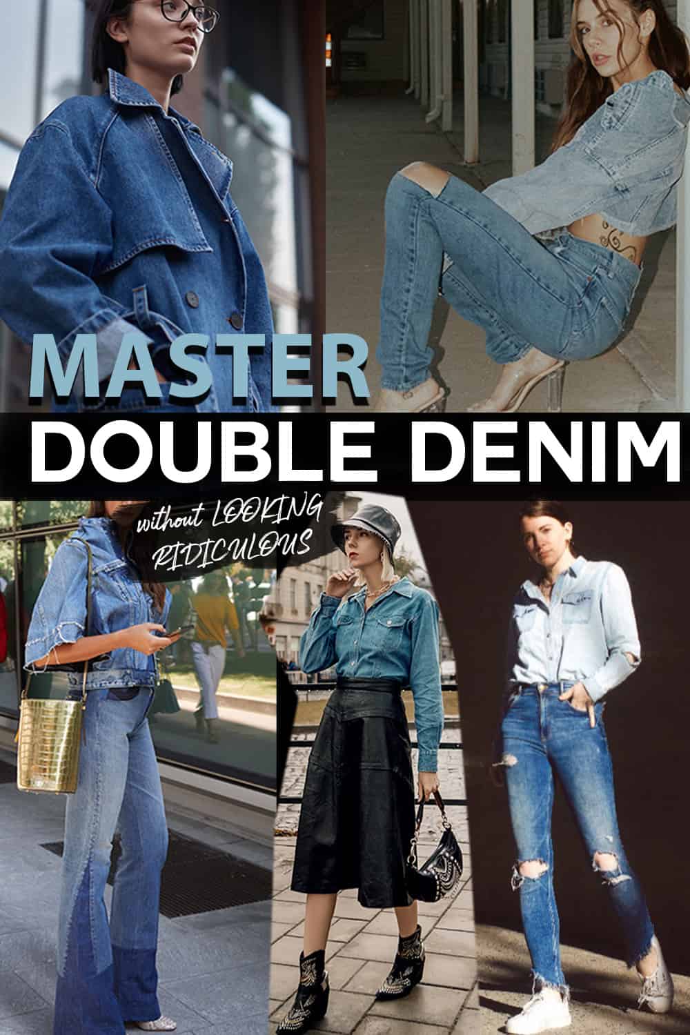 master double denim witout looking ridiculous. fashion images of double denim- denim coat outfit, denim jacket with fitted blue jeans, denim cropped jacket with flares, double denim with jeans and shirt, denim shirt with skirt 