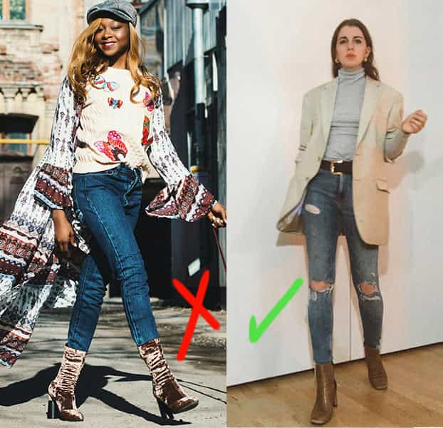 example of fashion mistake that will make you not look polished : not evolving outdated fashion trends. woman wearing skinny jeans with flowy outdated top and hat and style blogger gabrielle arruda wearing skinny jeans with oversized blazer and turtleneck. Evolving trends so you don't make it look tacky