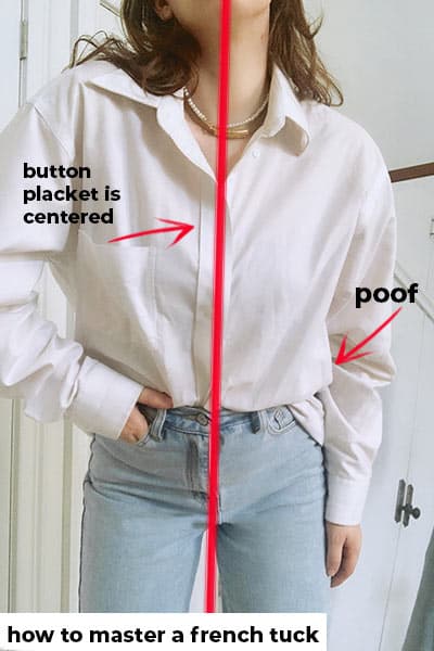 how to do a french tuck tutorial terms image, image of half tuck showing that the button placket is still centered on body, and that the shirt poofs out right above the pants to create a slight overlap or poof effect