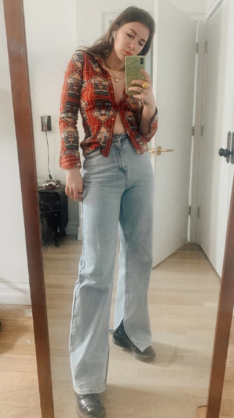 take pictures of your winning outfits, how to develop your personal style, gabrielle arruda mirror self with vintage blouse and jeans 