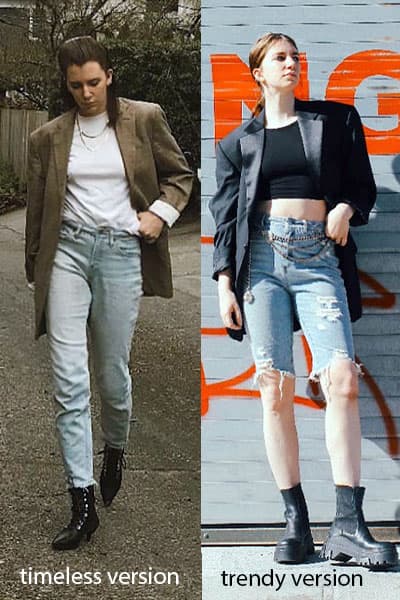 side by side comparison of gabrielle arruda style blogger showing how the boxy blazer can be worn in a timeless style- with jeans, a white tee, and basic black boots versus a trendy outfit version with chunky boot, cropped top, chain belt, and long denim shorts 