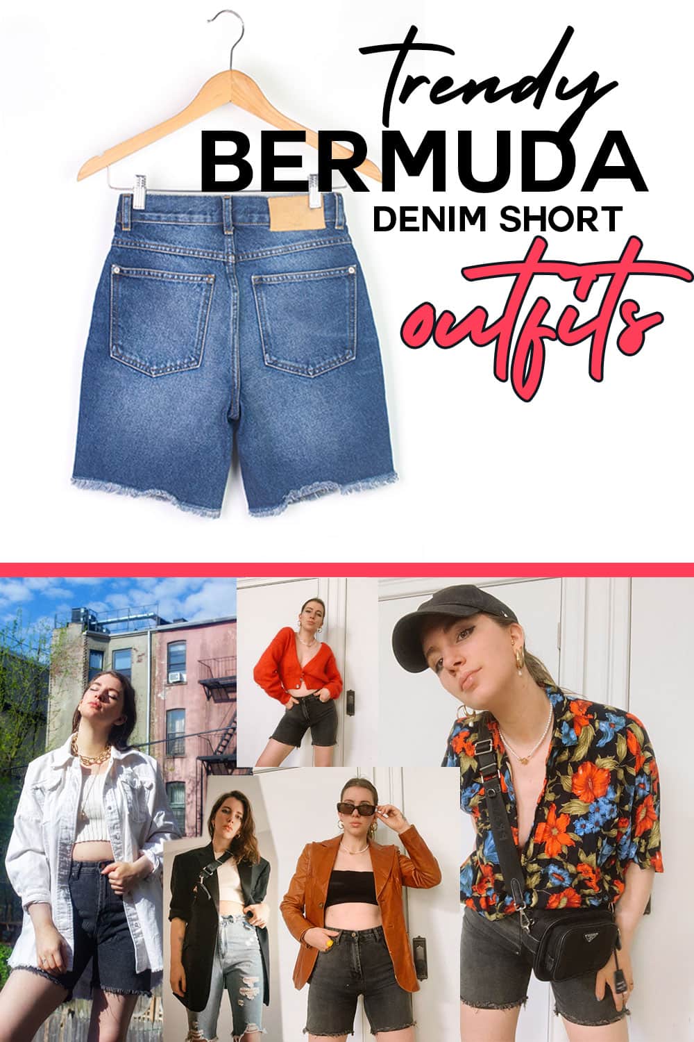 trendy bermuda denim short outfits, image of long denim shorts, examples of trendy long short outfits on style blogger gabrielle arruda, denim short with cardigan, denim short with shacket, trendy shorts and hawaiian shirt, and more 