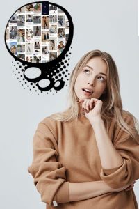girl thinking with a thought bubble with a bunch of fashion inspiration images inside bubble,
