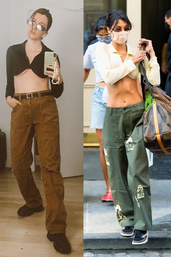 bella hadid in mirror palais blouse and gabrielle arruda style blogger showing how to wear it just like bella with straigtht leg mens pants and sneakers 
