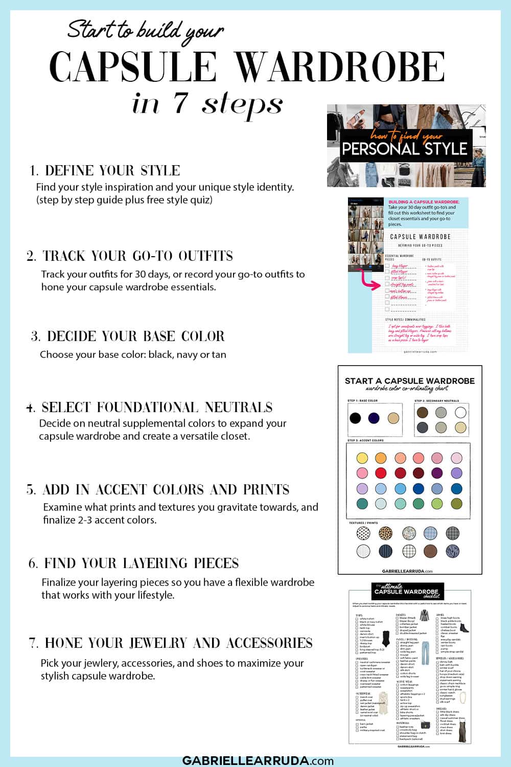how to start a capsule wardrobe in 7 steps. 1. define your style 2. track your go-to outfits 3. decide your base color 4. select foundational neutrals 5. add in accent colors and prints 6. find your layering pieces 7. hone your jewelry and accessories
