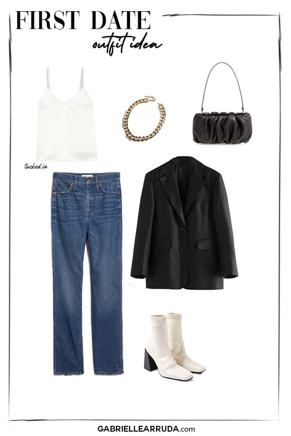 first date outfit ideas: silk camisole, stovepipe jeans, heeled boots, shoulder bag, and gold link necklace