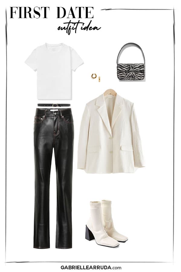 first date outfit idea with white tee, leather pants, cream blazer, beaded shoulder bag, gold hoops, and white heeled boots 