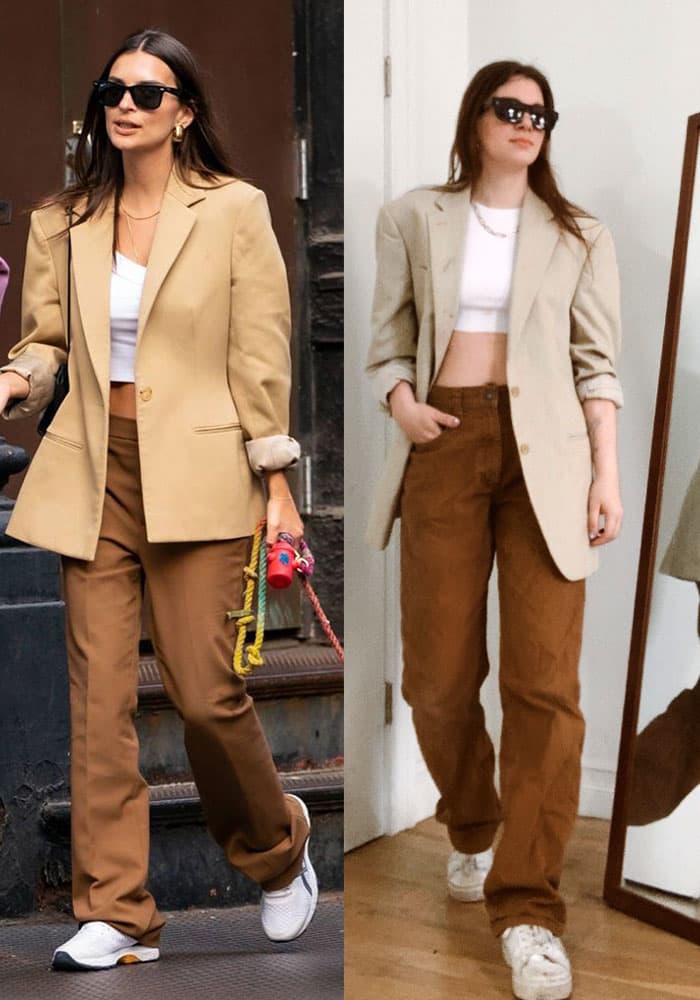 emrata street style outfit : tan blazer, white crop top, with straight leg brown trouser with white sneakers, and sunglasses, side by side photo of emily ratajkowski model off duty style and style blogger gabrielle arruda in same outfit