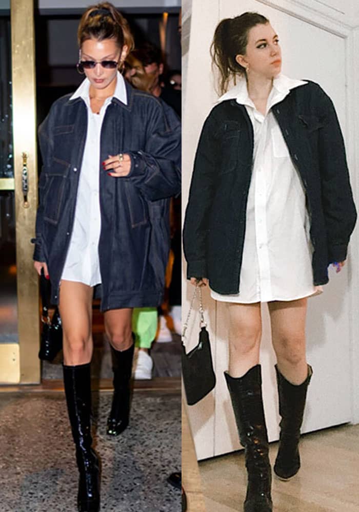 dress like bella hadid model street style: white oversized shirt as a dress with denim shacket over and knee high black boots side by side with inspired outfit on gabrielle arruda