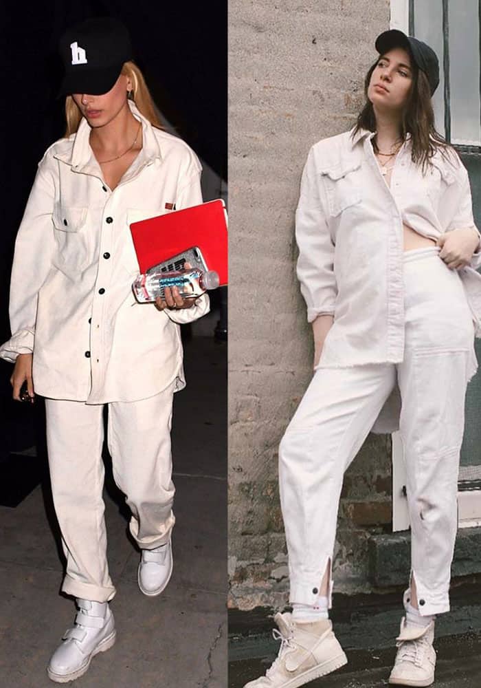 hailey bieber street style, model off duty outfit. white shacket, white trouser, high top sneakers, with baseball hat, side by side dress like a model inspired look on gabrielle arruda 