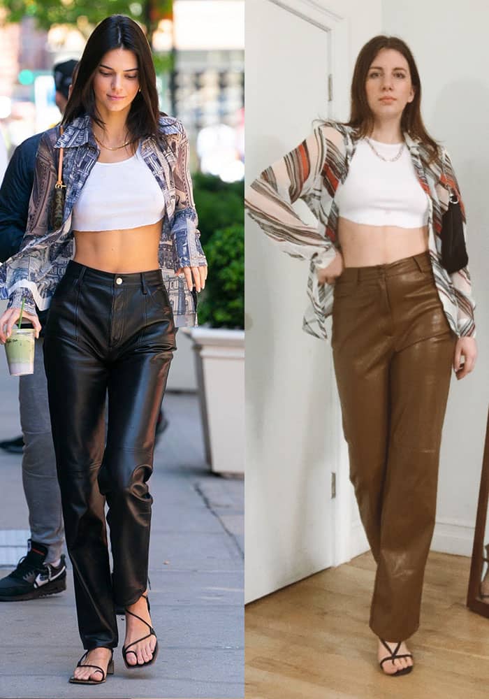 kendall jenner street style with leather pants, white cropped tank, fitted sheer blouse (open) next to gabrielle arruda wearing the inspired model off duty look