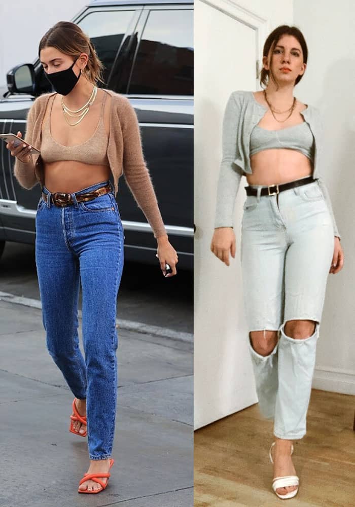hailey bieber model off duty look, straight leg jeans with matching cardigan / bra set with strappy sandals and layering gold necklaces. Gabrielle arruda in the inspired model off duty look