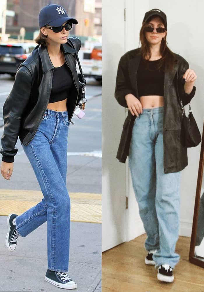 kaia gerber street style wearing staight baggy jeans with black crop top, leather jacket, baseball hat and converse. gabrielle arruda in model off duty style inspired outfit