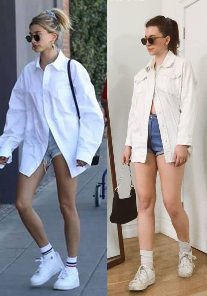 dress like a model, hailey bieber street style outfit with oversized white shirt, denim shorts and classic white sneakers and tube socks. seen on hailey bieber and gabrielle arruda wearing inpsired outfit side by side