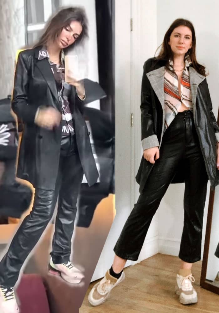 emrata model street style: leather jacket long, with fitted printed blouse, leather pants, and sneakers. outfit side by side with gabrielle arruda in inspired emrata model outfit 