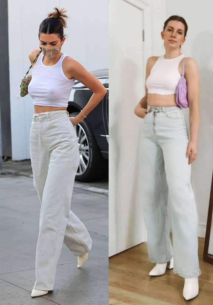 dress like a model side by side. kendall jenner and gabrielle arruda wearing white cropped tank, high waist jeans and pointy white boots 