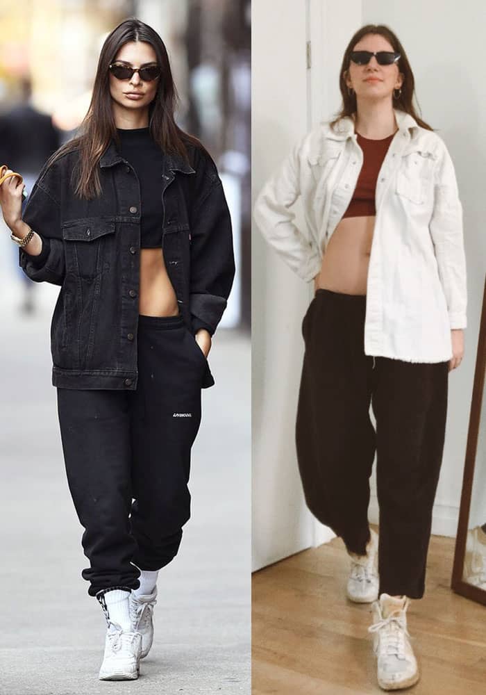 emrata model street style outfit idea: side by side with inspired model outfit on gabrielle arruda. sweatpants, cropped tank, denim shacket, high top sneakers with socks, sunglasses