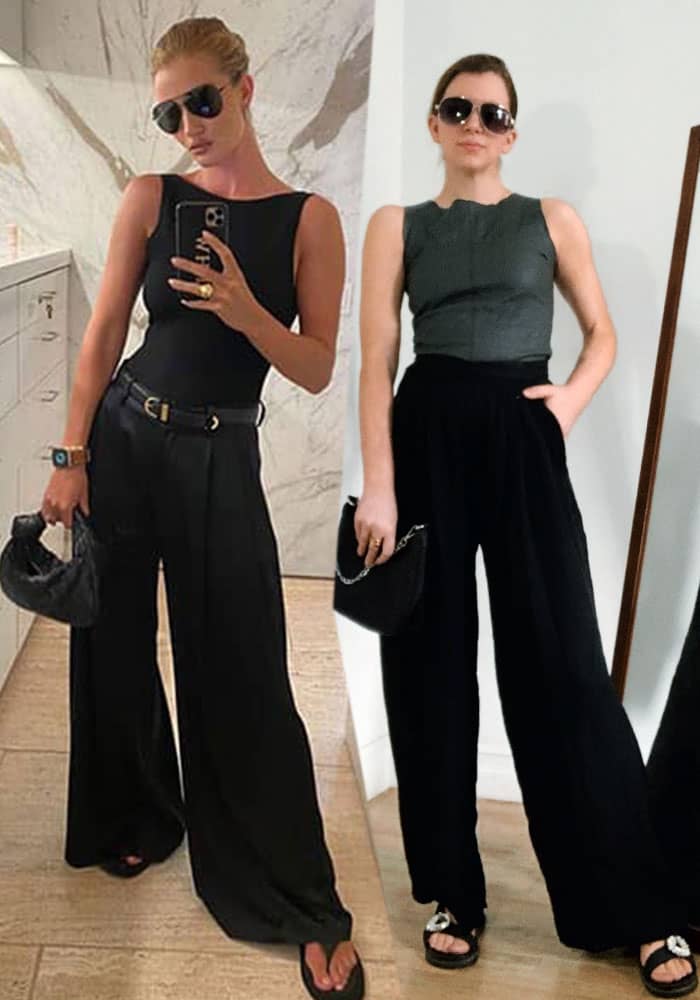 dress like a model- rosie huntington whiteley outfit with wide leg pants, black boatneck bodysuit with flip flops and aviators