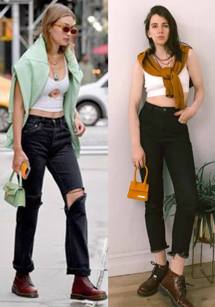 gigi hadid street style side by side with model inspired outfit on gabrielle arruda. slim black jeans with white cropped tank and sweatshirt draped over shoulders with combat boots and micro bag