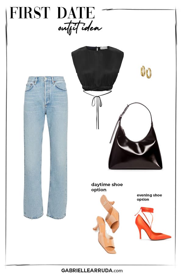 first date outfit idea, straight leg jeans with cropped silk top with black patent shoulder bag and hoops, neutral mules for daytime and attico stiletto for evening 
