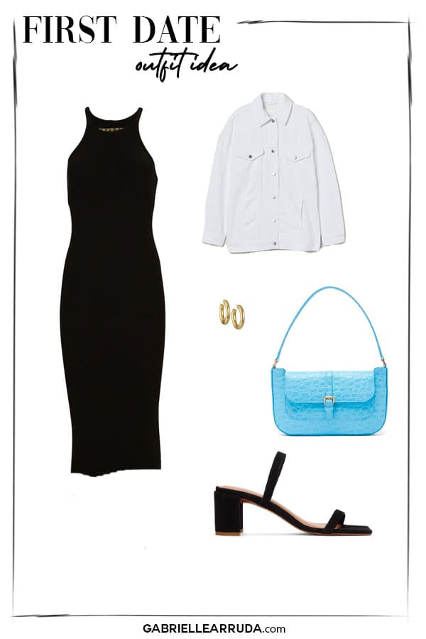 first date outfit idea bodycon black dress with oversized white denim shirt blue shoulder bag, black two strap mule with gold hoops