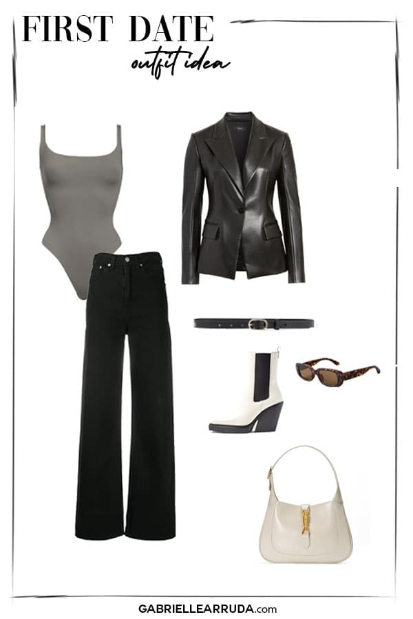 evening casual first date outfit idea : gray bodysuit with high-rise wide black jeans and fitted black leather blazer. gucci jackie purse with white topshop boots and sunglasses 