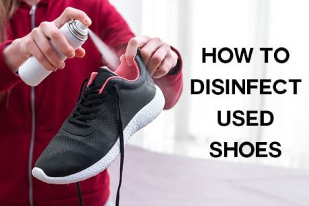 how to disinfect used shoes, woman spray disinfectant into tennis shoes