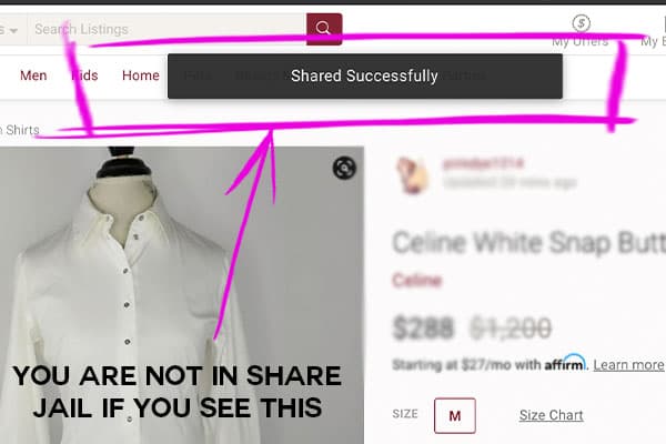 how to tell if you are in poshmark share jail, image of "shared successfully" pop up 