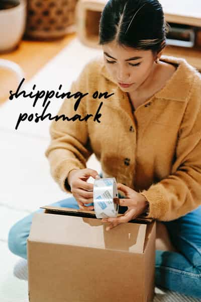 woman shipping out poshmark package- "shipping on poshmark" text