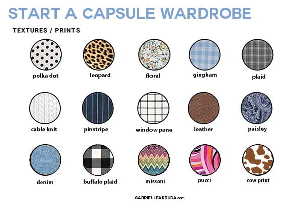 start a capsule wardrobe : choose your prints/textures: polka dot, leopard, floral, gingham, plaid, cable knit, pin stripe, window pane, leather, paisley, denim, buffalo plaid, missoni print, pucci print, cow print