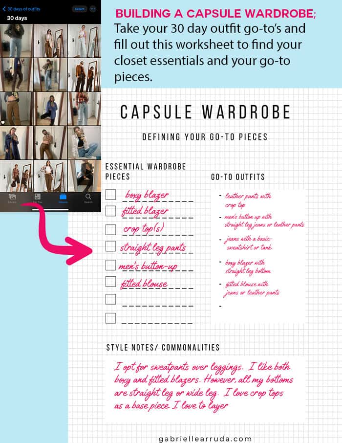 capsule wardrobe essentials worksheet filled out with gabrielle arrudas 30 day outfit tracking, as an example