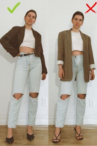 example of side by side tip: wear cropped tops or cropped jackets to dress slimmer and taller. Gabrielle arruda in cropped jacket versus longer, oversized blazer 