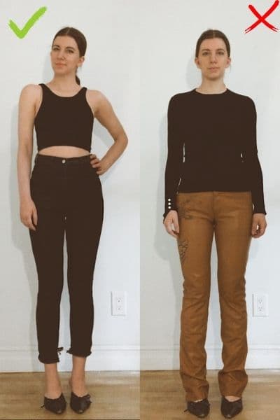 how to look taller and slimmer using a high waisted pant/bottom. side by side of gabrielle arruda wearing high waist black jeans versus low rise leather pants