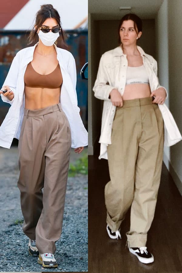 emrata stree style outfit, steal her style. Side by side outfits of emily ratajkowski and style blogger Gabrielle arruda wearing men's trousers with bra crop top and oversized men's shirt layered over
