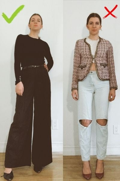 side by side comparison of style tip to look taller and slimmer. left side: all black outfit that makes you look long and slim. versus a multi-colored outfit that doesn't extend your proportions in the same way 
