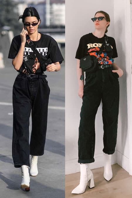 kendall jenner street style waering high waist black jeans with oversized graphic tee and white heeled boots next to Gabrielle arruda wearing the kendall jenner steal her style inspired look 