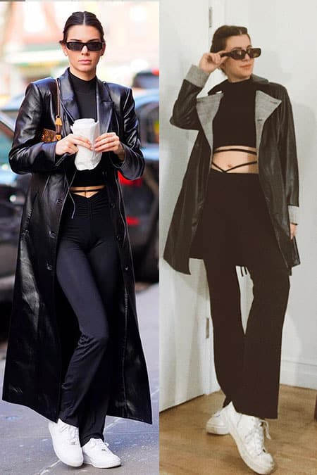 kendall jenner wearing floss tie flare leggings, with black crop top and leather trench coat, next to Gabrielle arruda, style blogger wearing kendall jenner inspired outfit 