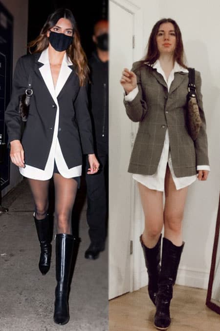 kendall jenner wearing 90's blazer with men's oversized shirt as dress next to kendall inspired outfit on Gabrielle arruda