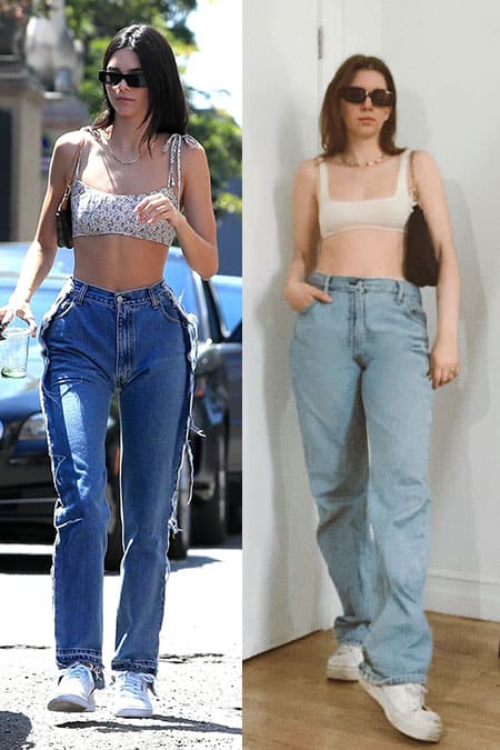 kendall jenner wearing floral crop top with raw edge straight-leg jeans side by side with Gabrielle arruda in a corresponding kendall jenner inspired outfit 